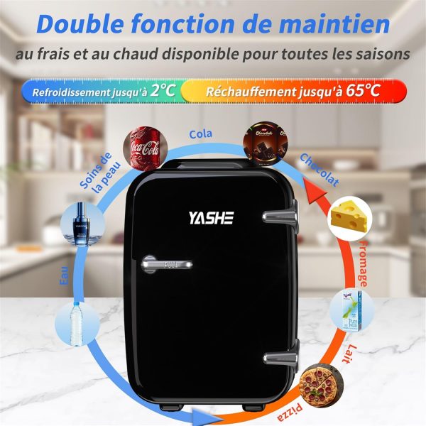 YASHE Mini Frigo de Chambre, 4 Litres/6 Canettes, Petit Frigo Thermoélectrique CA/CC pour Boissons, Nourriture, Beauté, Bureau, Dortoir, Voiture, Noir