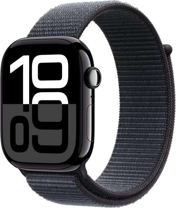 Apple Watch Series 10 (46 mm GPS + Cellular) Montre connectée avec Boîtier en Aluminium Noir de Jais et Bouchle Sport Encre Violette. Suivi de l’activité Physique